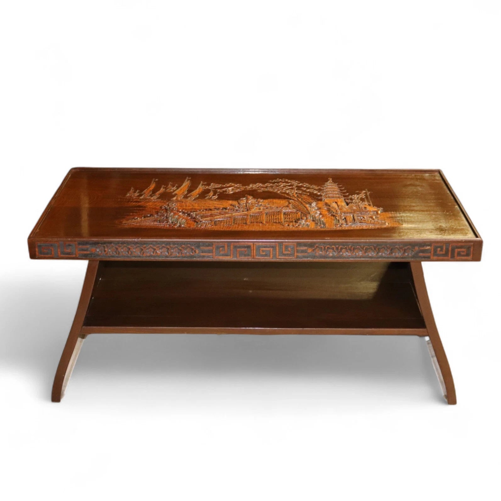 Vintage Chinoiserie Chinese Carved Wood Coffee Table - Glass Top