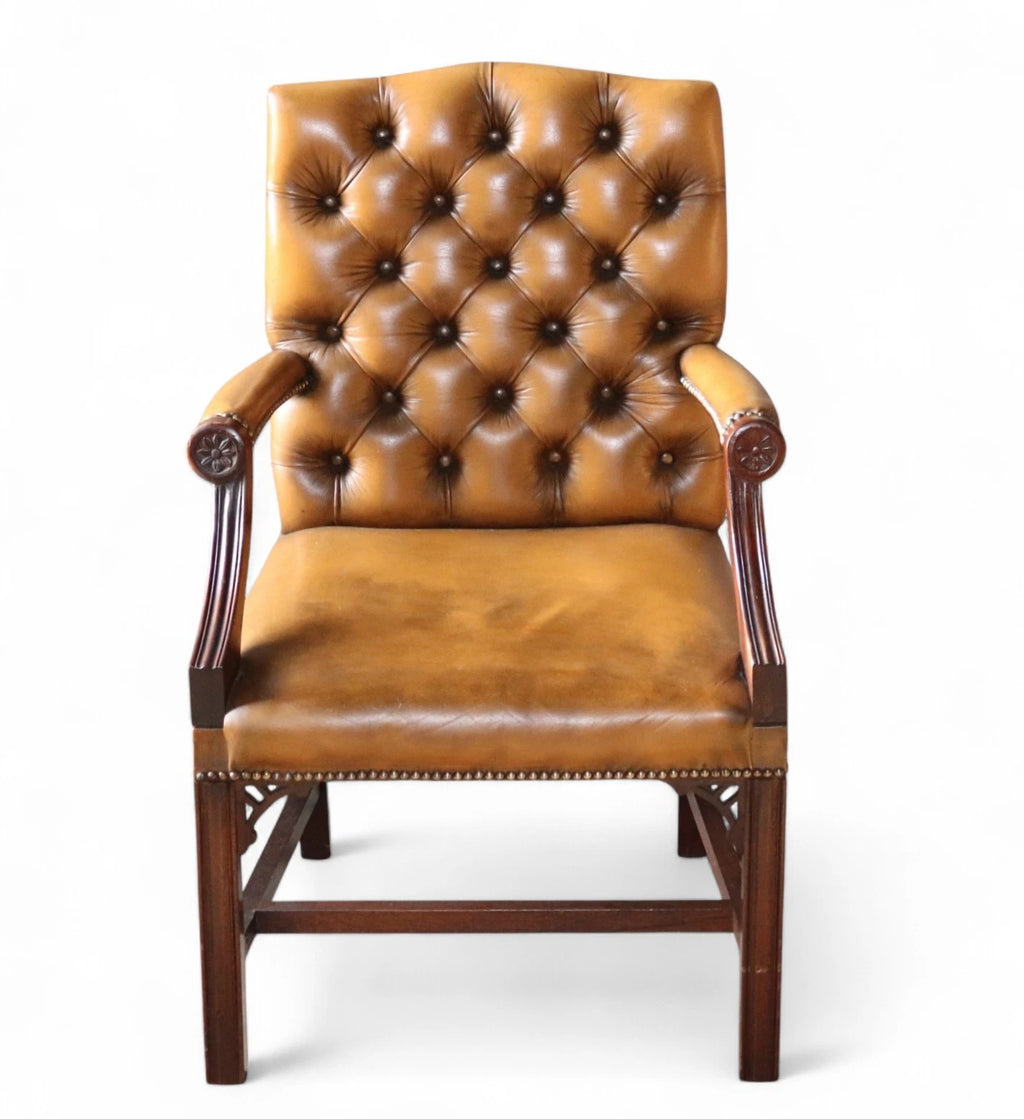 Vintage Tan Leather Gainsborough Georgian Style Chesterfield Chair / Armchair