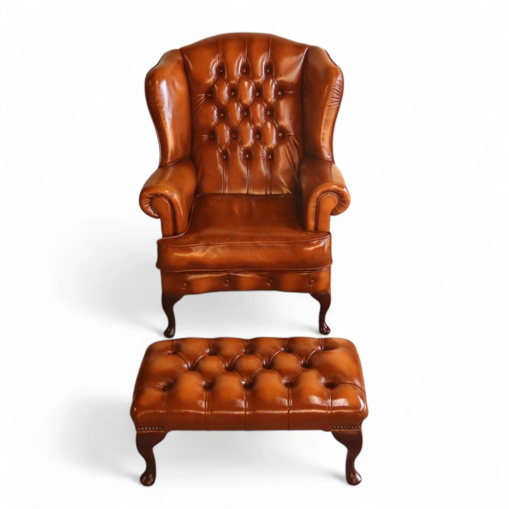 Vintage Chesterfield Tan Leather Wing Back Armchair With Footstool