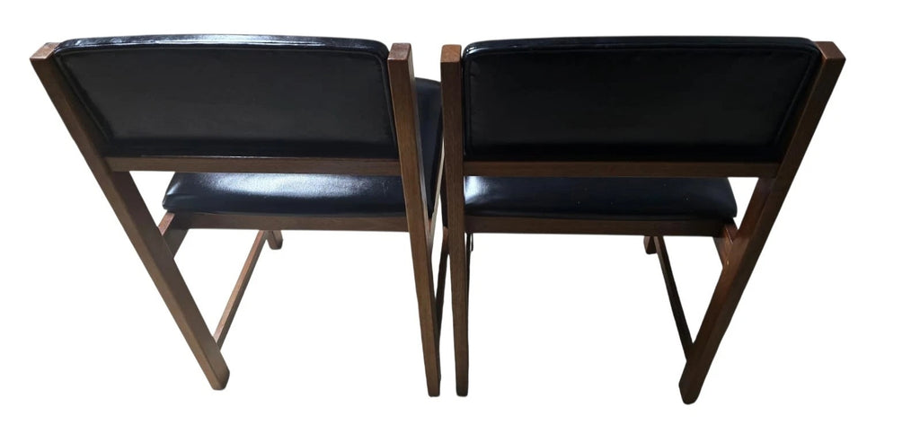 Set of 4 Mid Century Teak Dining Chairs - Pivoting Tilt Back - Black Vinyl MCM