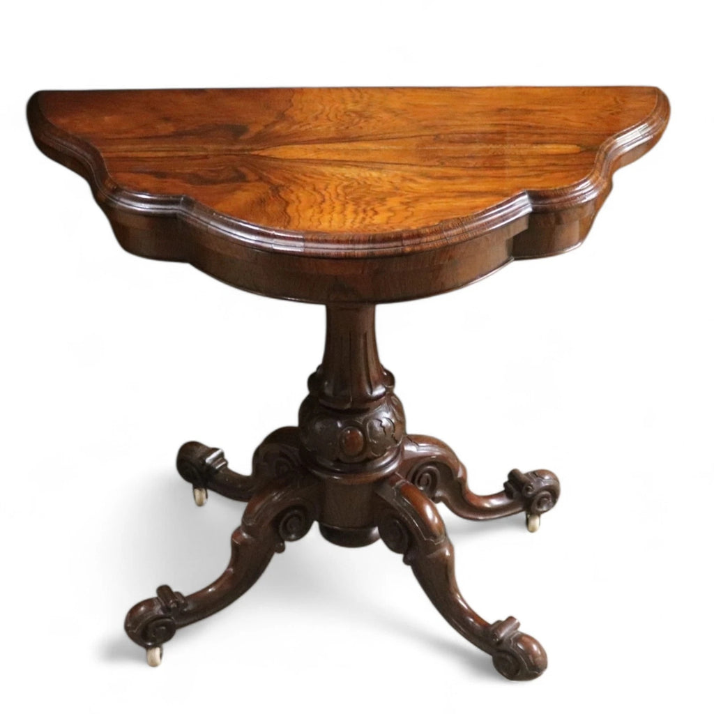Victorian Antique Rosewood Card Table 19thC Fold Over Swivel Games Table