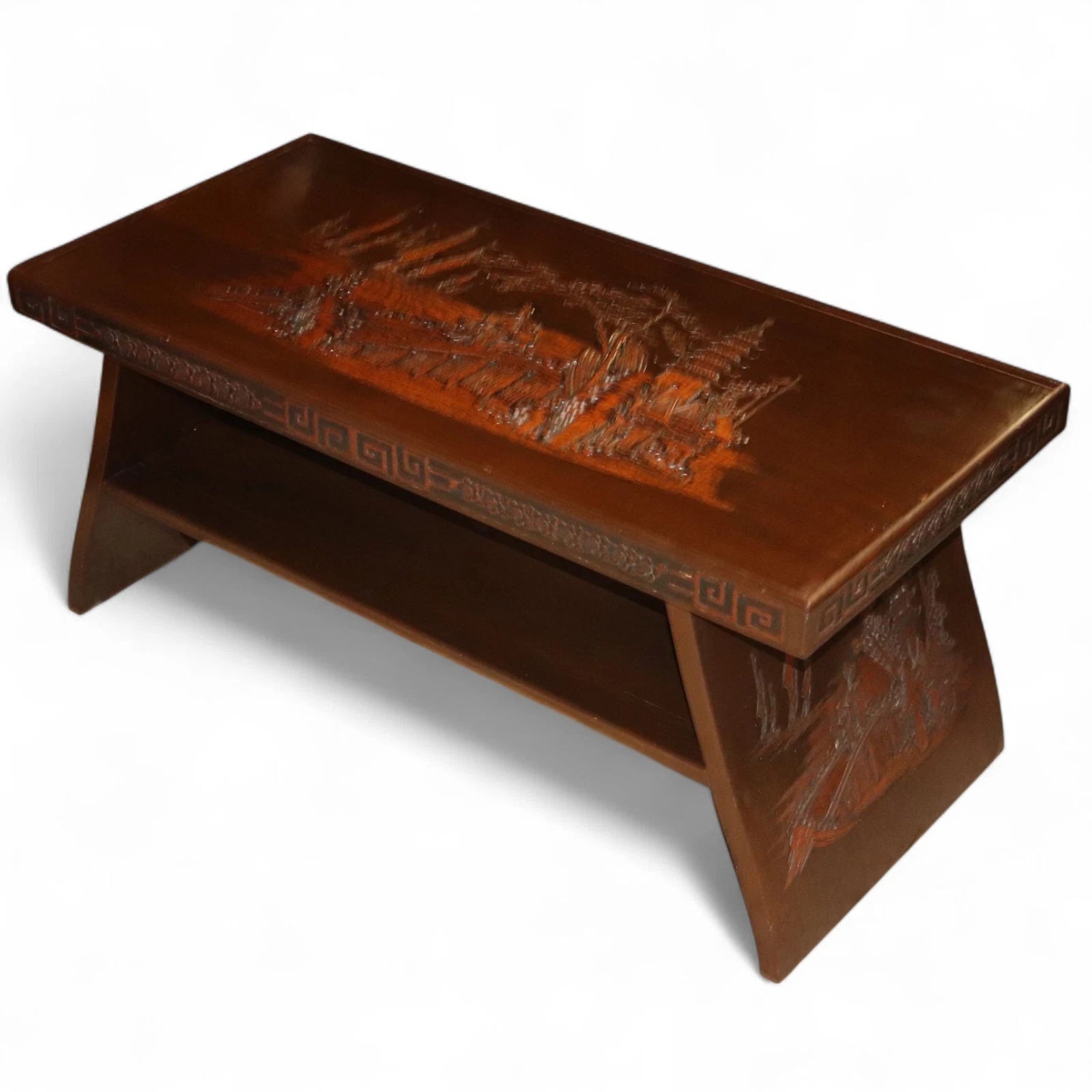 Vintage Chinoiserie Chinese Carved Wood Coffee Table - Glass Top
