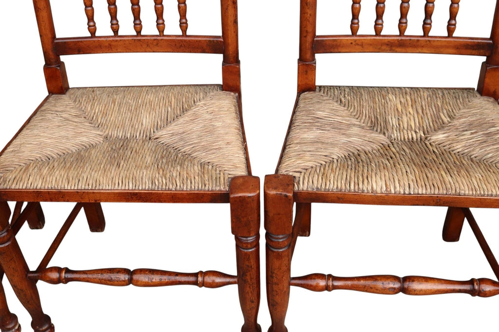 Set of 8 Antique Lancashire Elm & Ash Rush Seat Spindle Back Dining Chairs