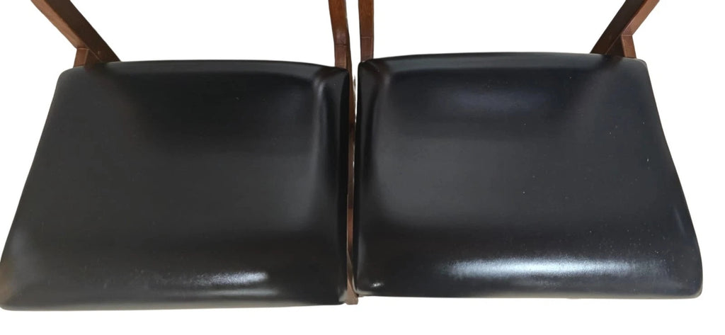 Set of 4 Mid Century Teak Dining Chairs - Pivoting Tilt Back - Black Vinyl MCM