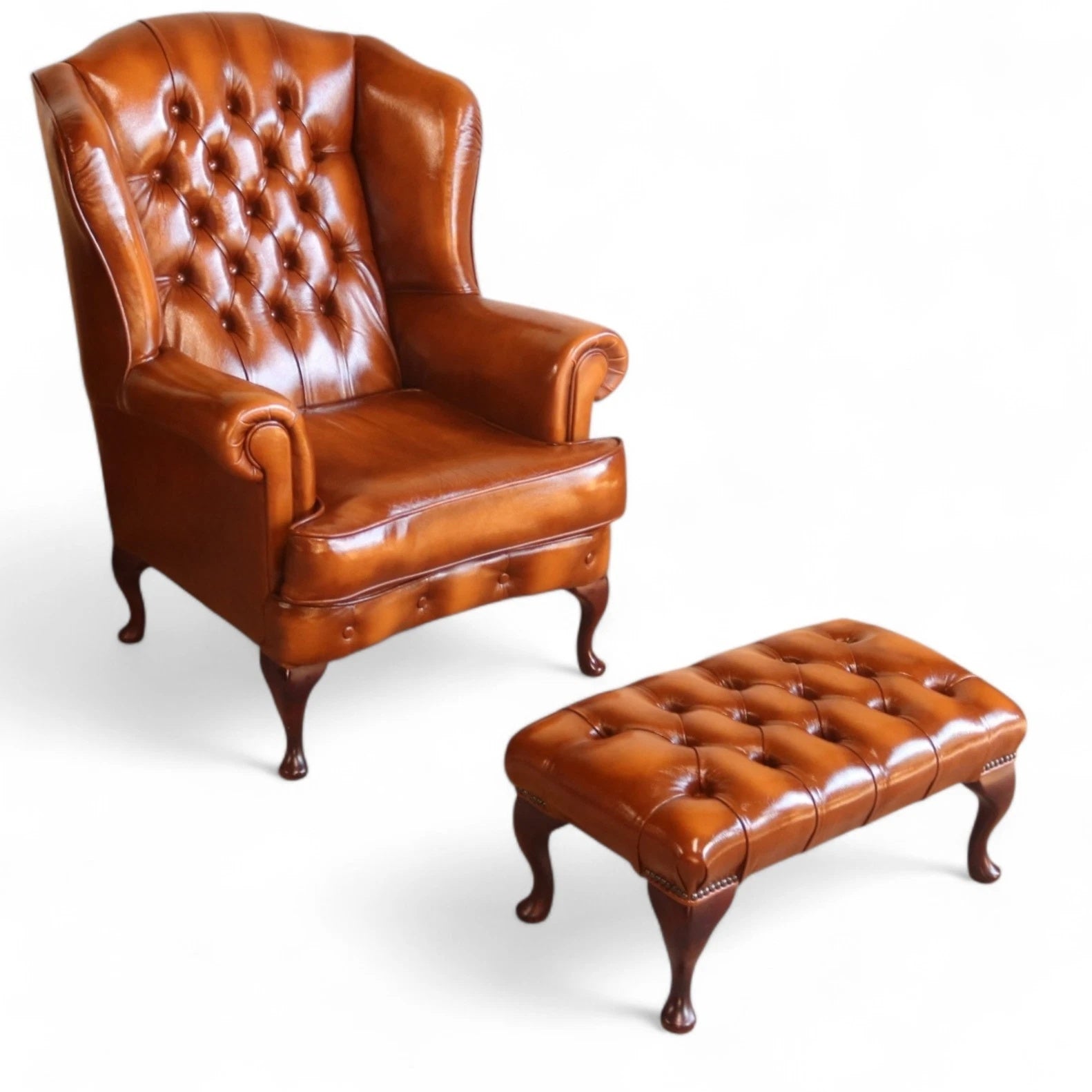 Vintage Chesterfield Tan Leather Wing Back Armchair With Footstool