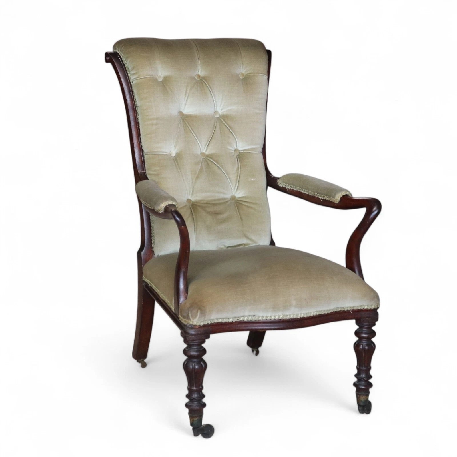 Antique Victorian Scroll Back Armchair  Mahogany Button Back Library Chair 19thC