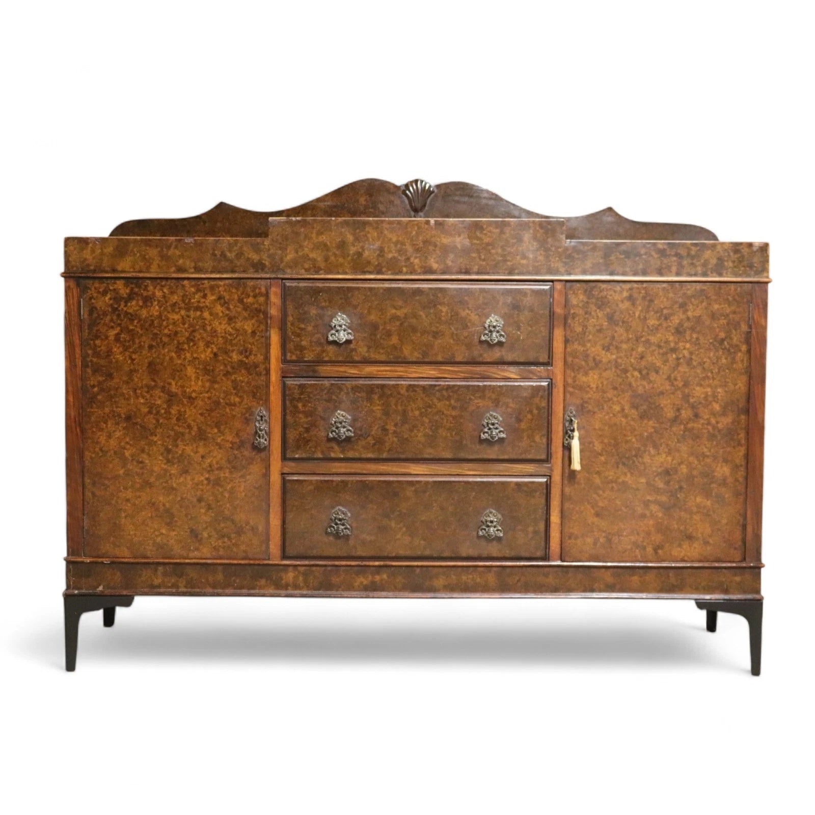 Art Deco Burr Walnut Sideboard Scalloped Gallery Buffet Credenza 1930s