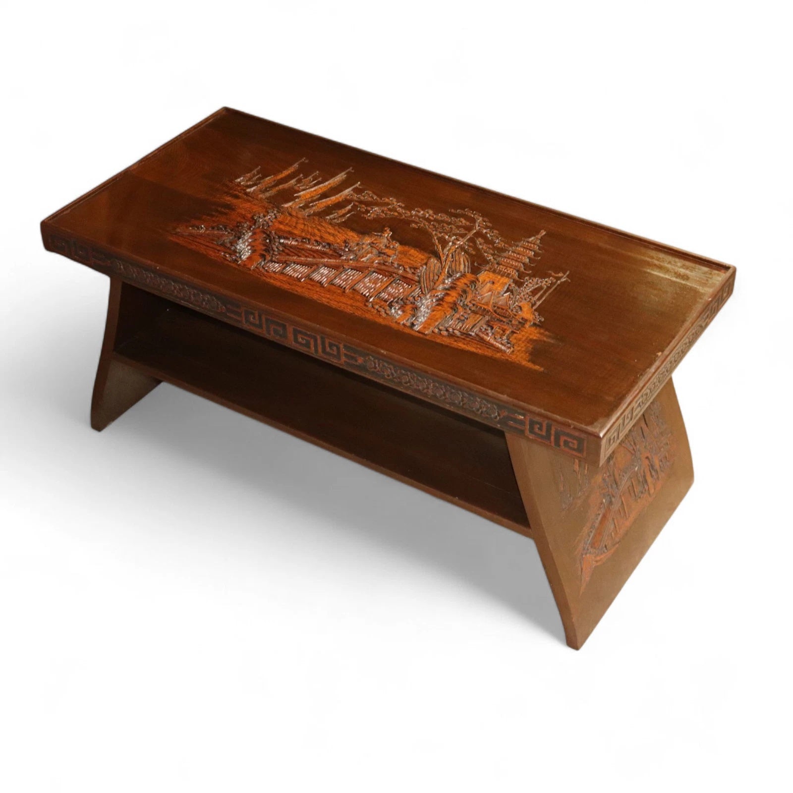Vintage Chinoiserie Chinese Carved Wood Coffee Table - Glass Top