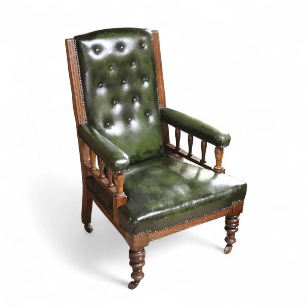 Antique Green Leather Buttoned Library Chair / Edwardian Oak Armchair