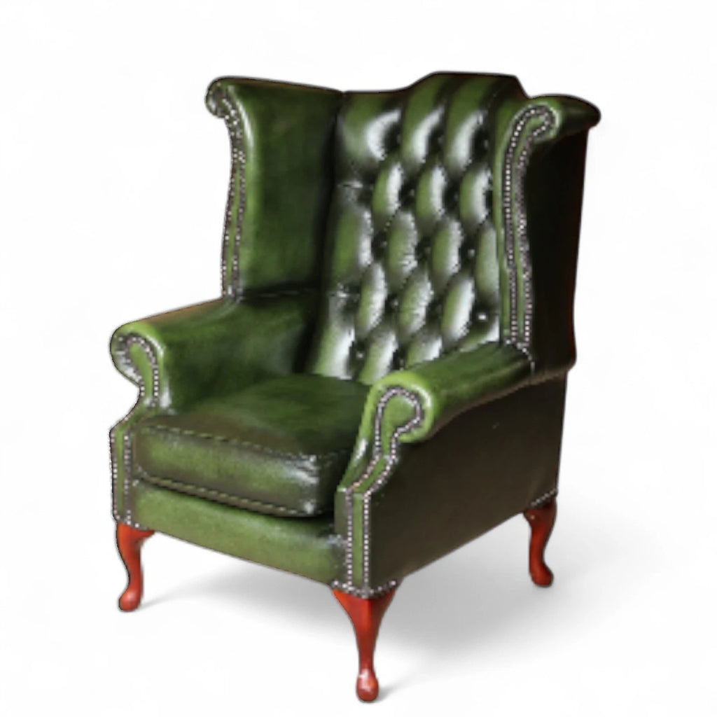 Vintage Green Leather Chesterfield Wing Back Armchair