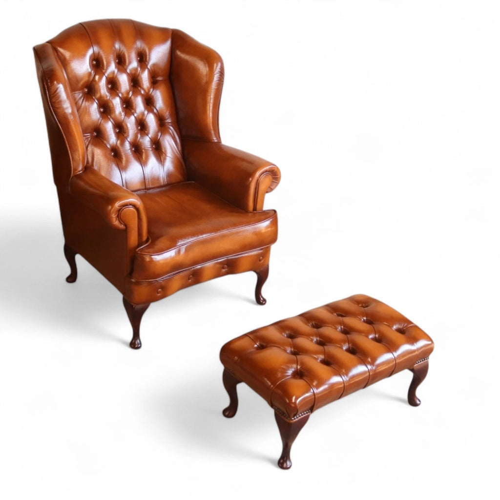 Vintage Chesterfield Tan Leather Wing Back Armchair With Footstool