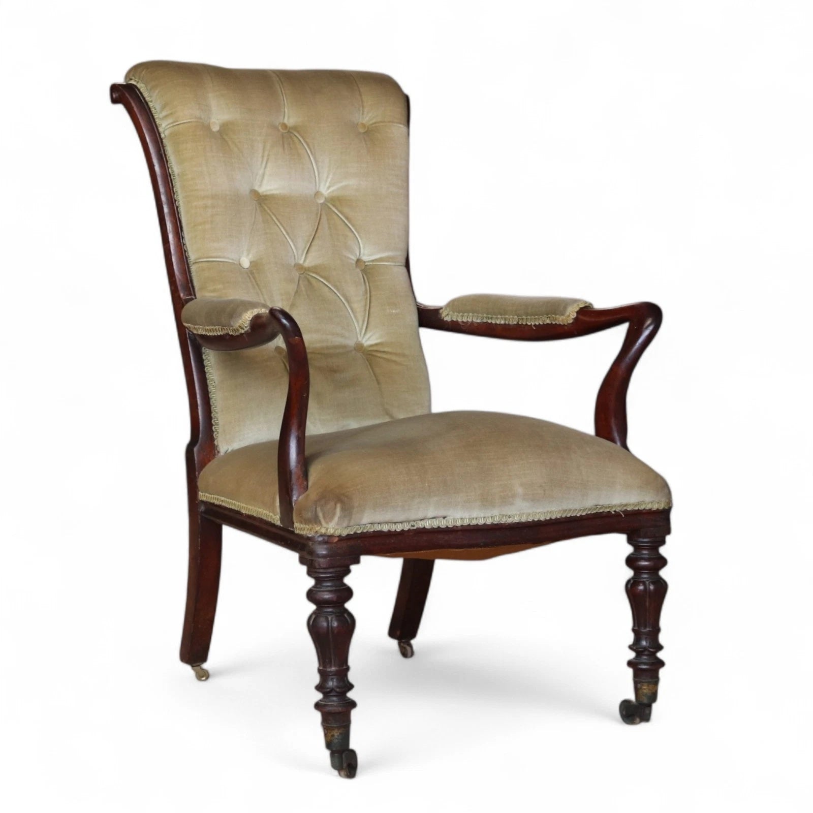 Antique Victorian Scroll Back Armchair  Mahogany Button Back Library Chair 19thC
