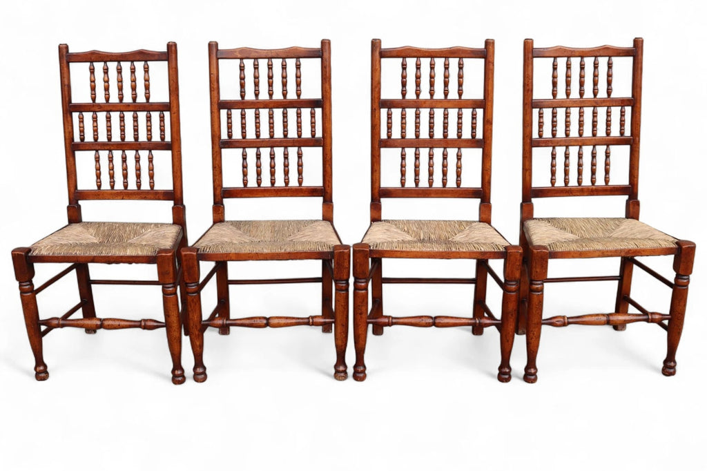 Set of 8 Antique Lancashire Elm & Ash Rush Seat Spindle Back Dining Chairs