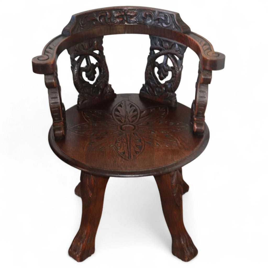 Antique Victorian Carved Oak Green Man Captians Swivel Office Chair