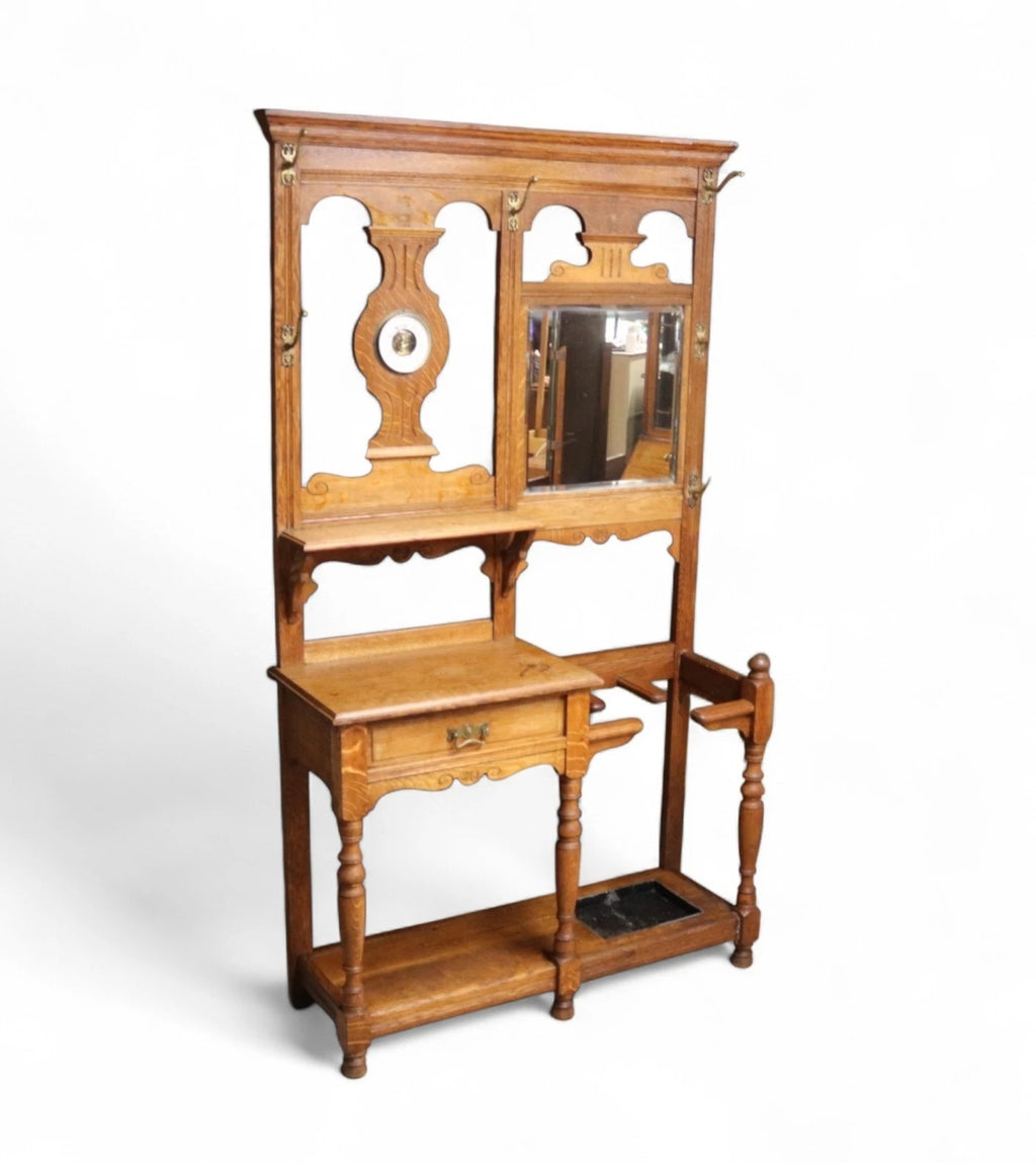 Antique Edwardian Oak Hall Stand Barometer & Mirror - Arts & Crafts Style c.1905