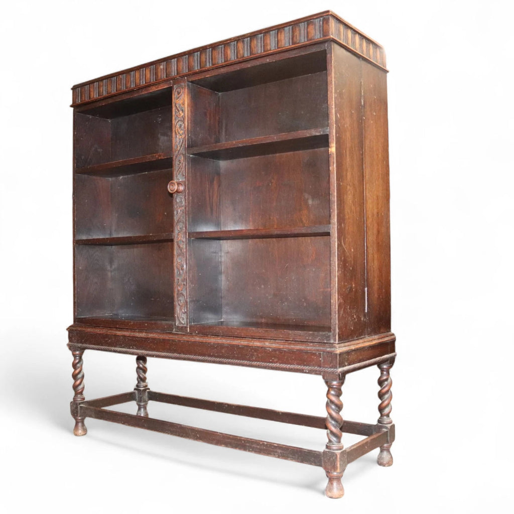 Antique Carolean Revival Oak Double Depth Bookcase Barley Twist Book Shelves