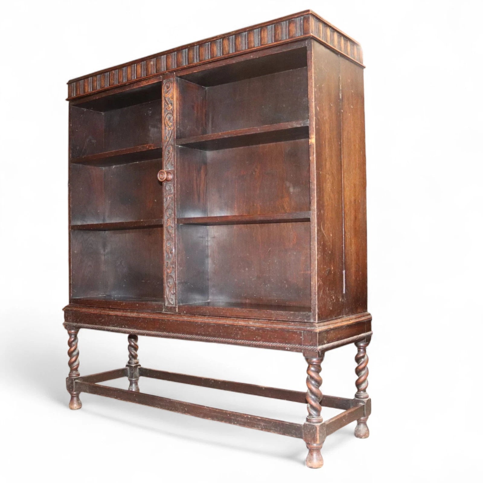 Antique Carolean Revival Oak Double Depth Bookcase Barley Twist Book Shelves