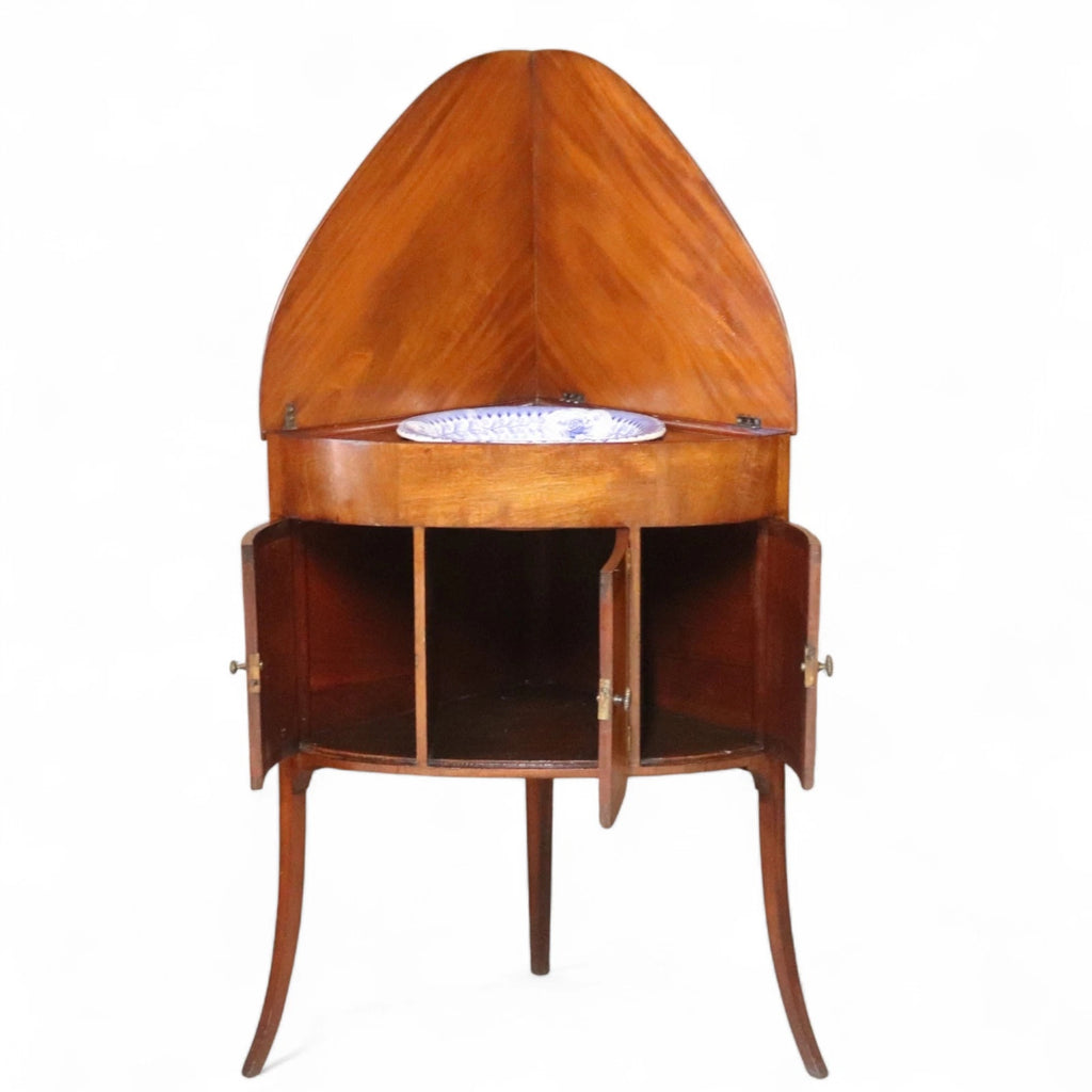 Antique Mahogany Georgian Corner Washstand with Blue & White Ceramic Basin