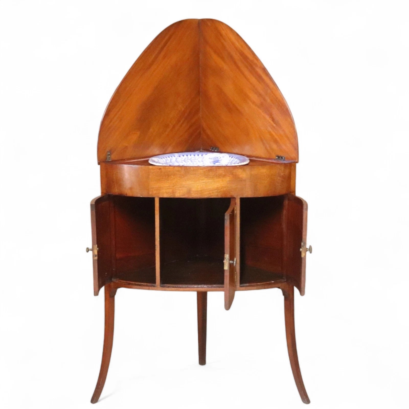 Antique Mahogany Georgian Corner Washstand with Blue & White Ceramic Basin
