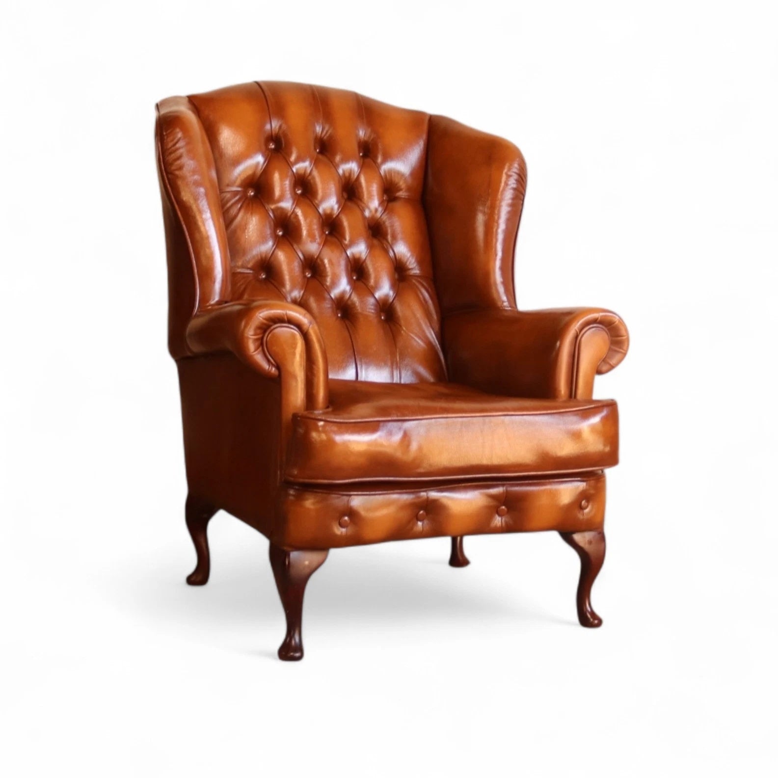 Vintage Chesterfield Tan Leather Wing Back Armchair With Footstool