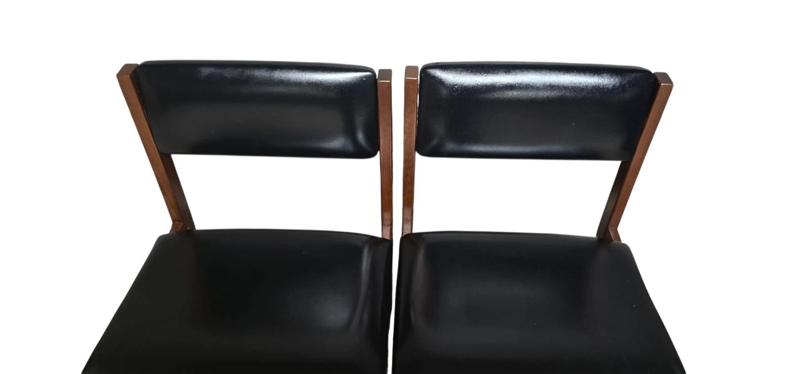 Set of 4 Mid Century Teak Dining Chairs - Pivoting Tilt Back - Black Vinyl MCM