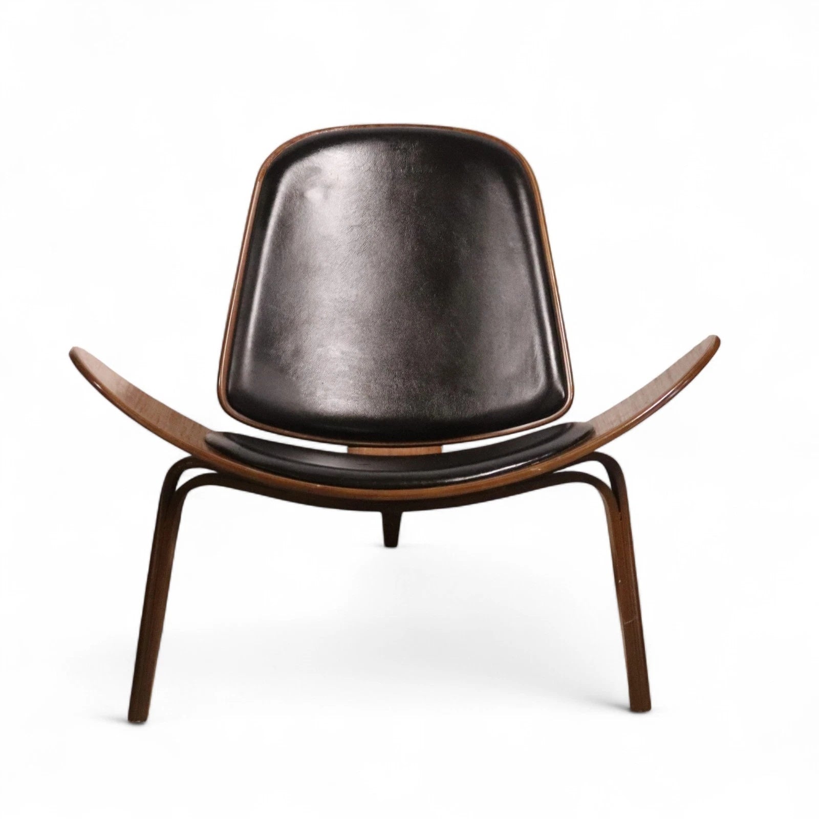 Mid Century Modern Walnut & Black Vinyl Shell Chair - Hans J. Wegner STYLE