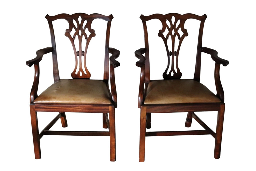 Set of 6 Chippendale Style Mahogany Leather Seat Dining Chairs