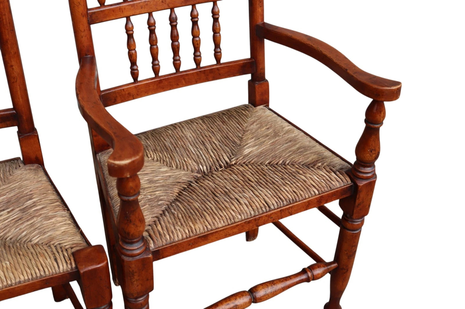 Set of 8 Antique Lancashire Elm & Ash Rush Seat Spindle Back Dining Chairs