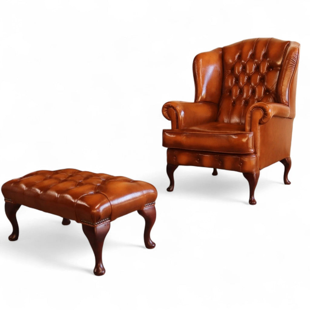 Vintage Chesterfield Tan Leather Wing Back Armchair With Footstool