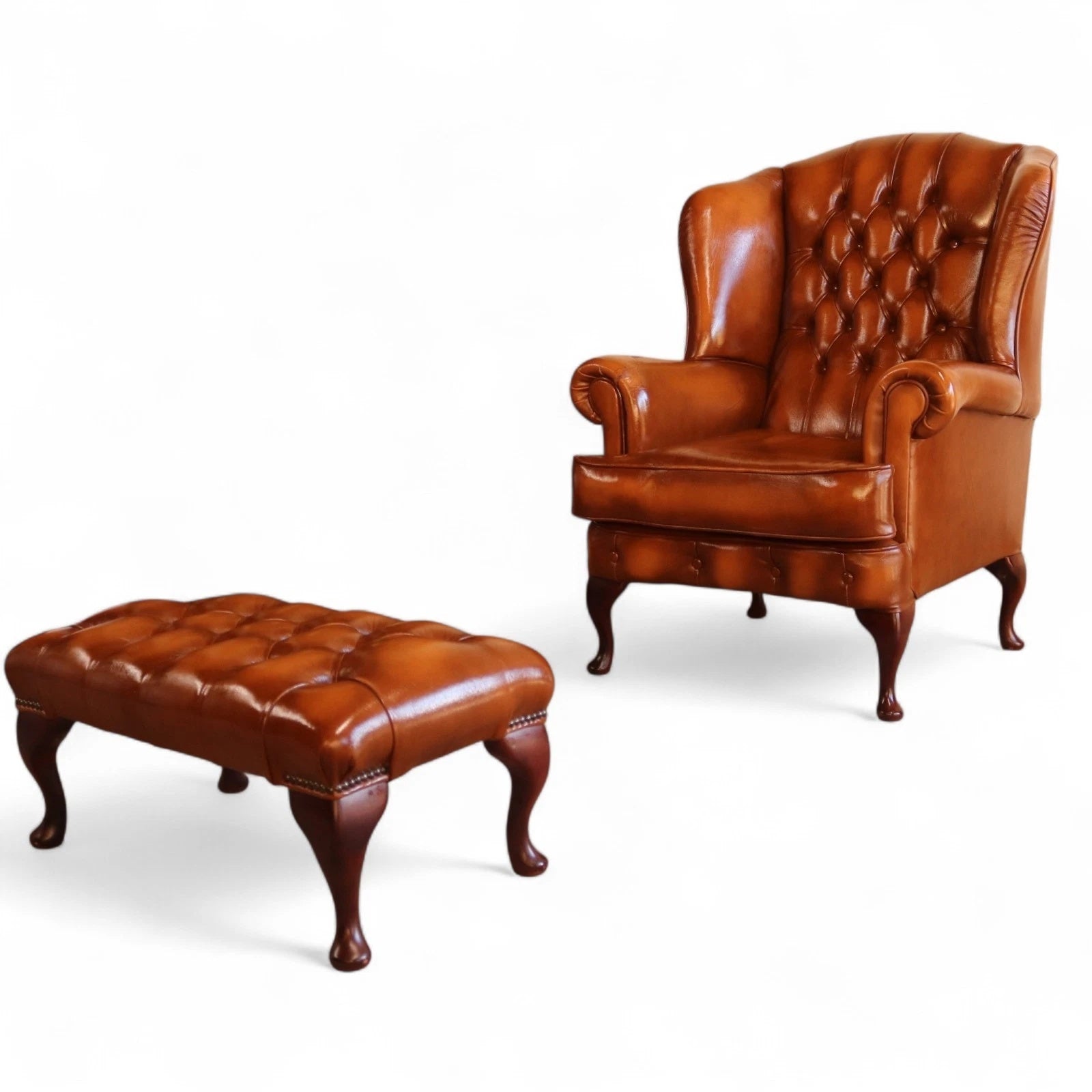 Vintage Chesterfield Tan Leather Wing Back Armchair With Footstool