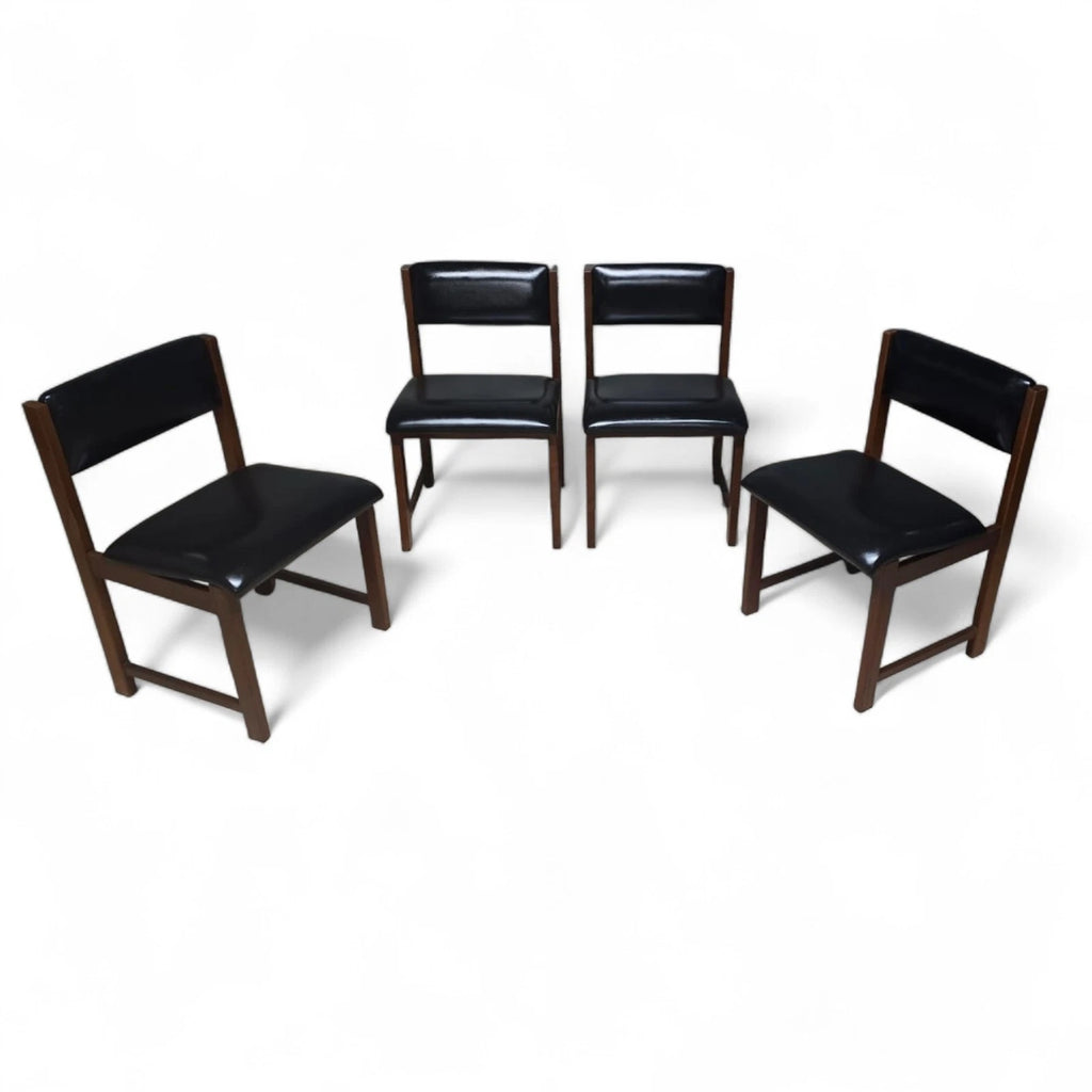 Set of 4 Mid Century Teak Dining Chairs - Pivoting Tilt Back - Black Vinyl MCM
