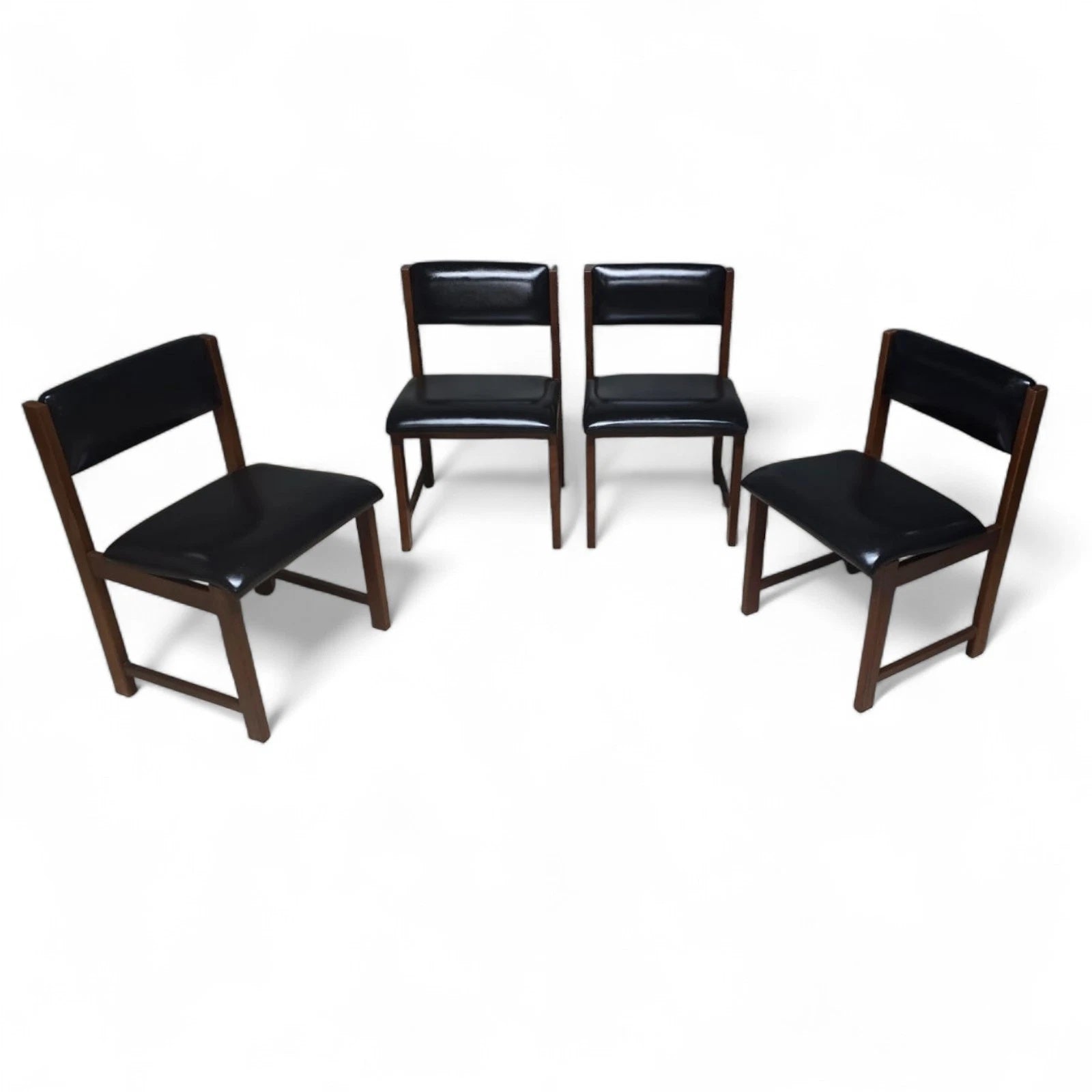 Set of 4 Mid Century Teak Dining Chairs - Pivoting Tilt Back - Black Vinyl MCM