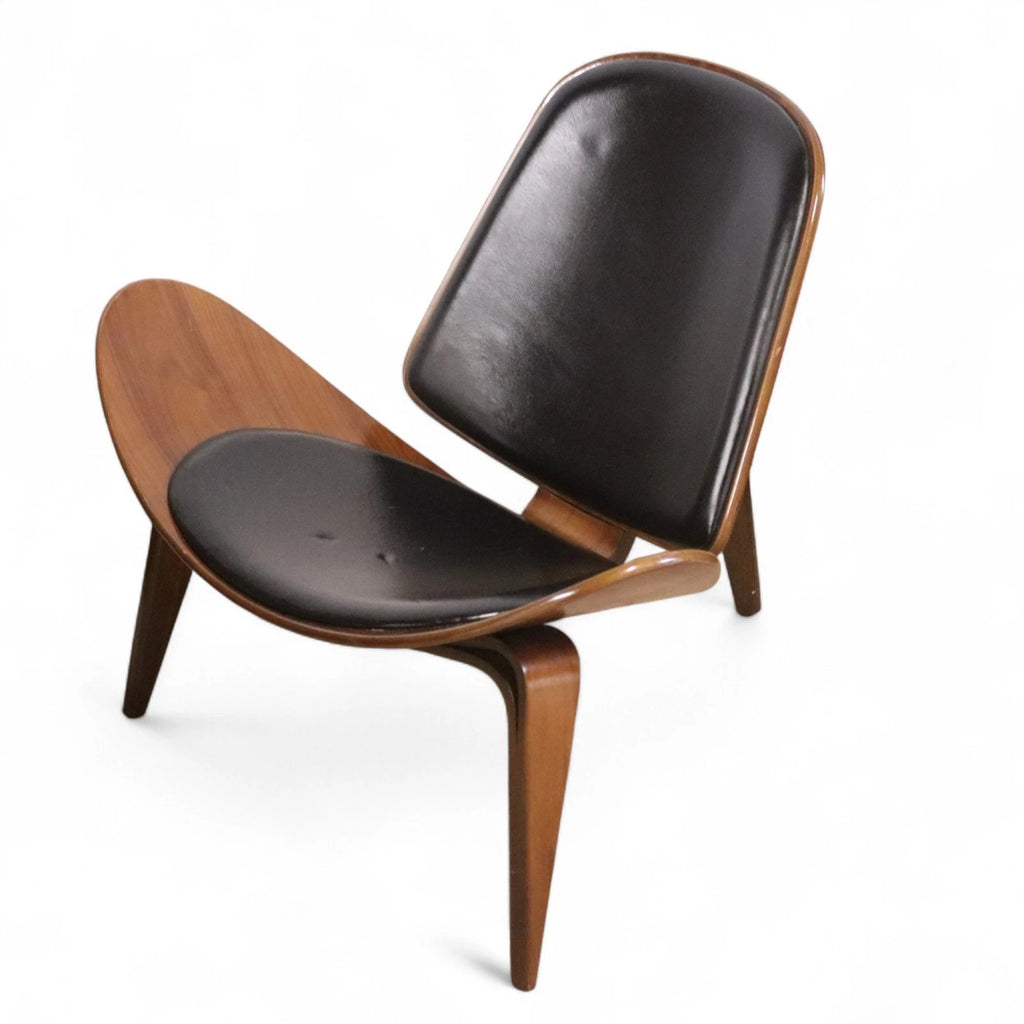 Mid Century Modern Walnut & Black Vinyl Shell Chair - Hans J. Wegner STYLE