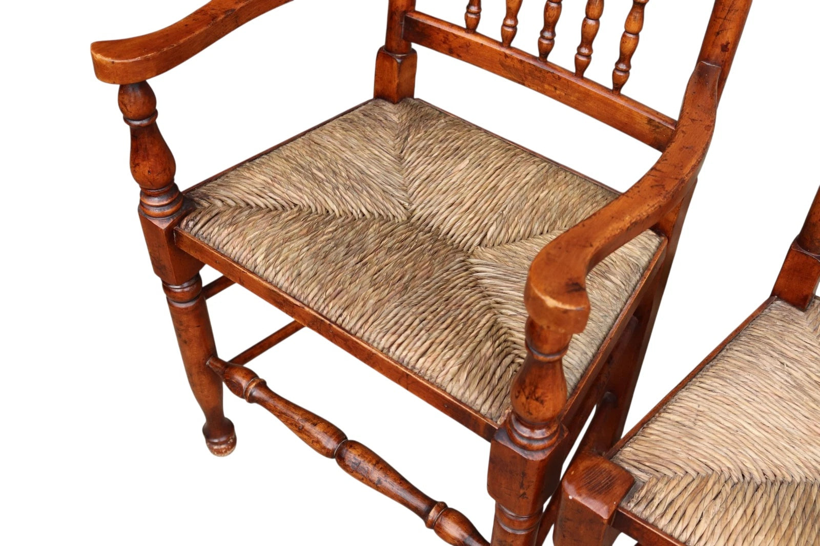 Set of 8 Antique Lancashire Elm & Ash Rush Seat Spindle Back Dining Chairs
