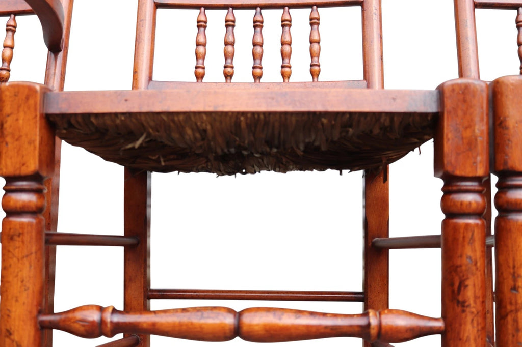 Set of 8 Antique Lancashire Elm & Ash Rush Seat Spindle Back Dining Chairs