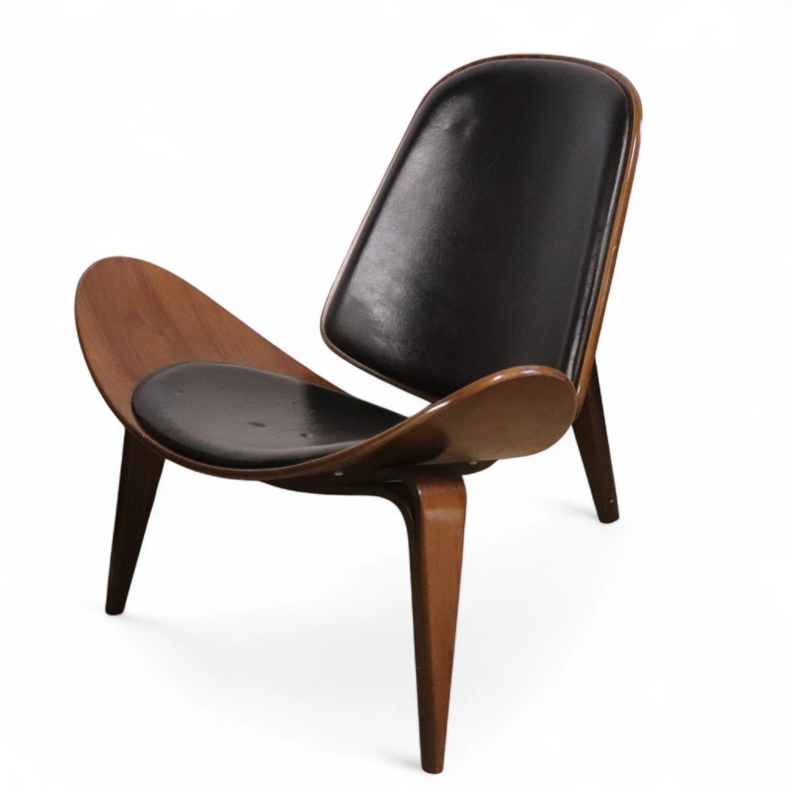 Mid Century Modern Walnut & Black Vinyl Shell Chair - Hans J. Wegner STYLE