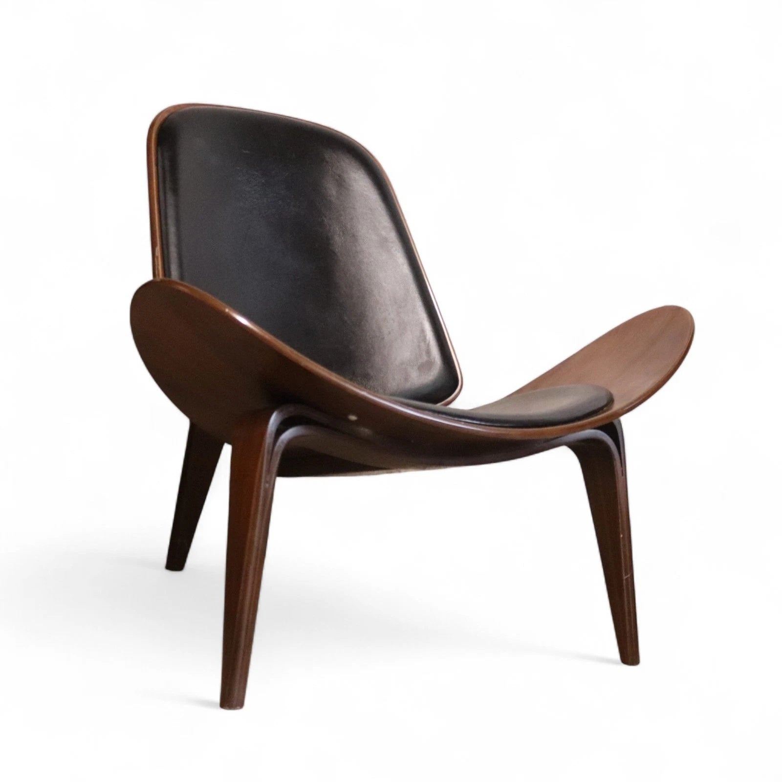 Mid Century Modern Walnut & Black Vinyl Shell Chair - Hans J. Wegner STYLE