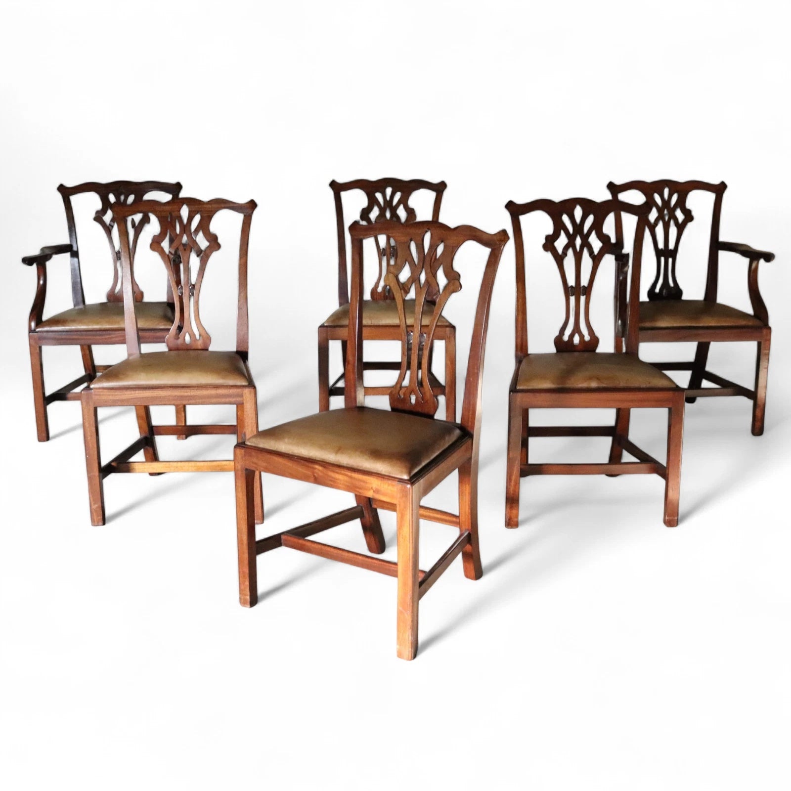 Set of 6 Chippendale Style Mahogany Leather Seat Dining Chairs