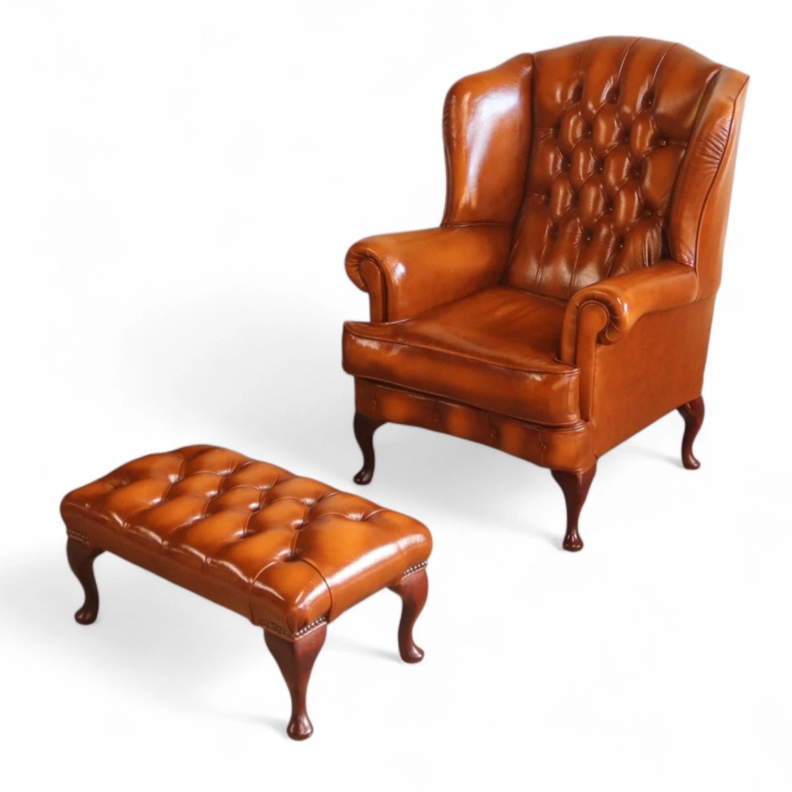 Vintage Chesterfield Tan Leather Wing Back Armchair With Footstool
