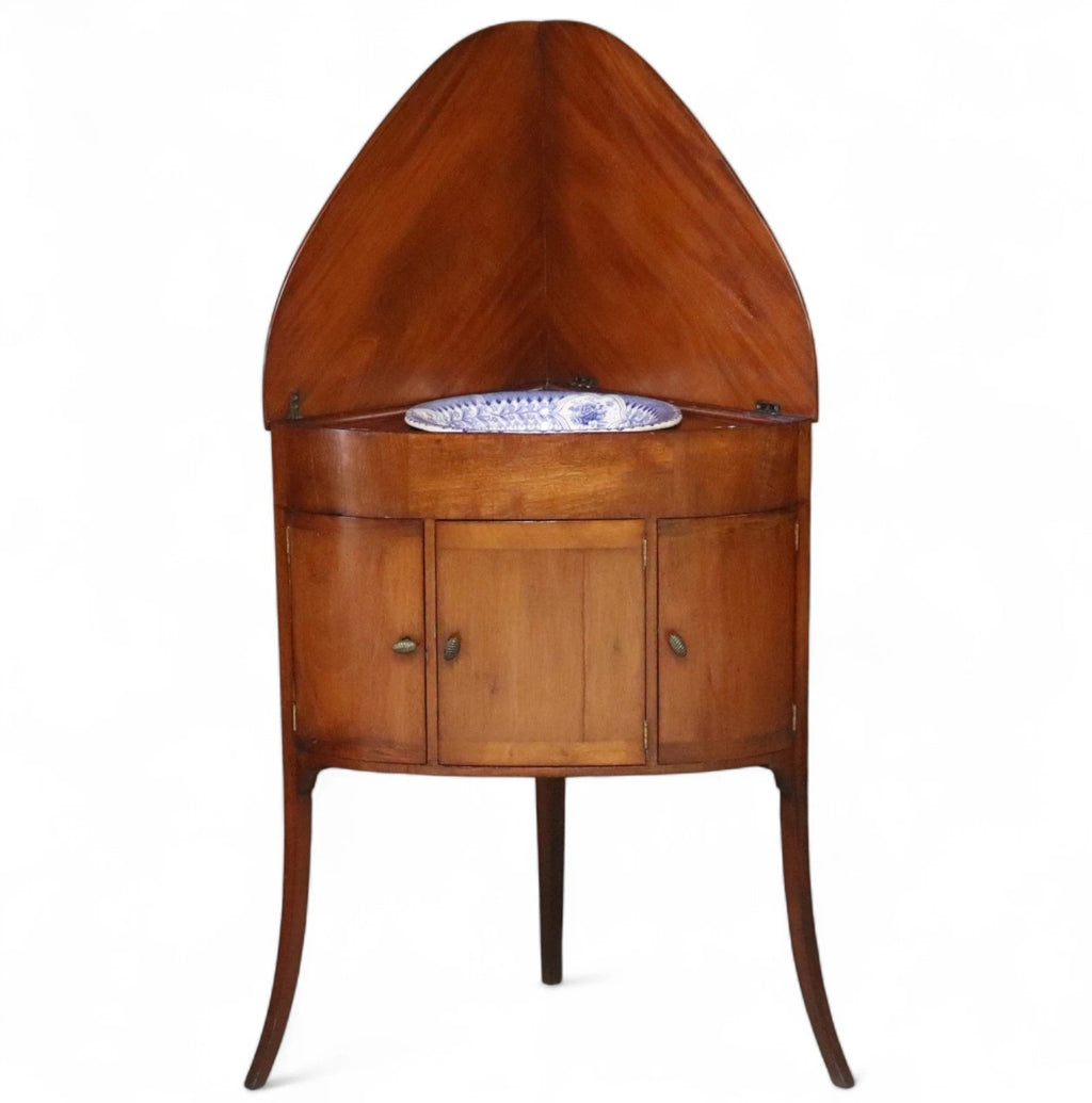 Antique Mahogany Georgian Corner Washstand with Blue & White Ceramic Basin