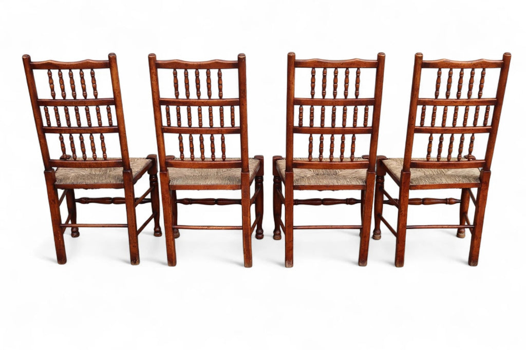 Set of 8 Antique Lancashire Elm & Ash Rush Seat Spindle Back Dining Chairs
