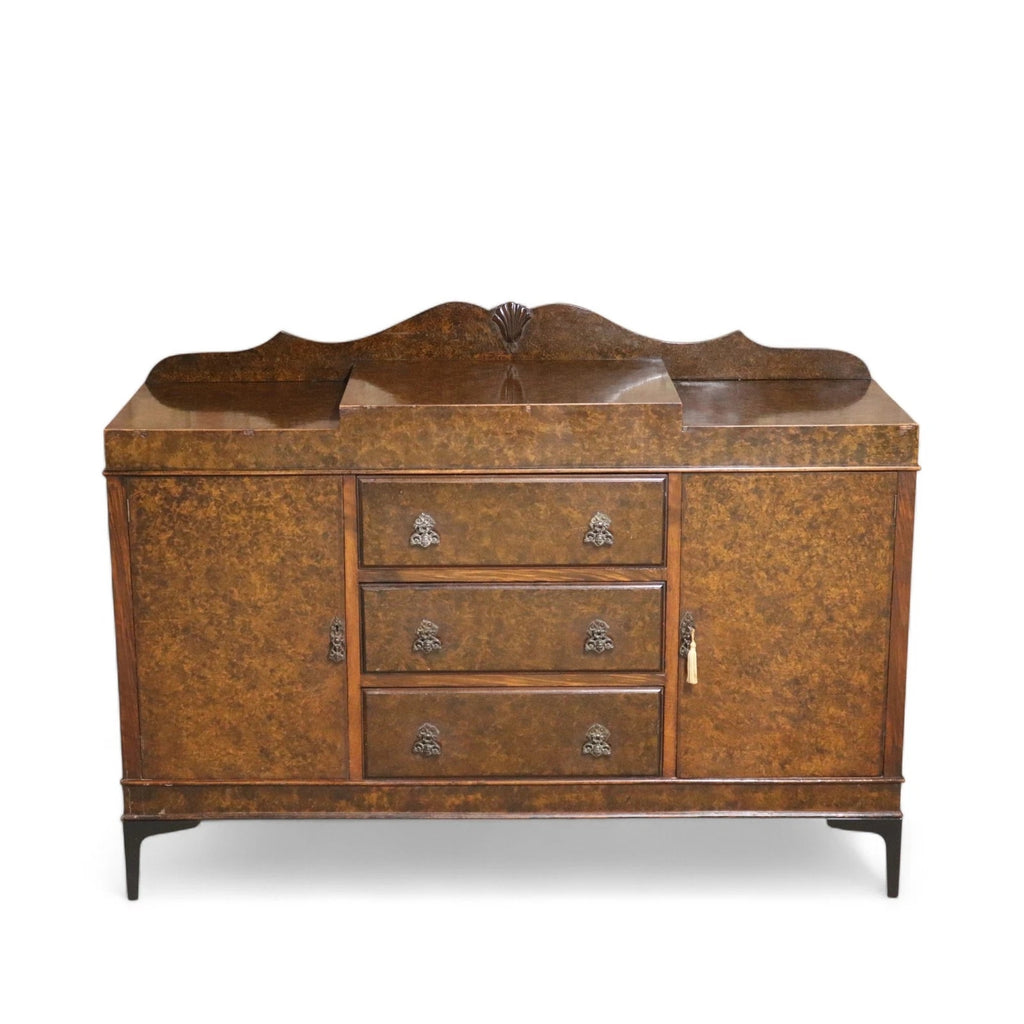 Art Deco Burr Walnut Sideboard Scalloped Gallery Buffet Credenza 1930s