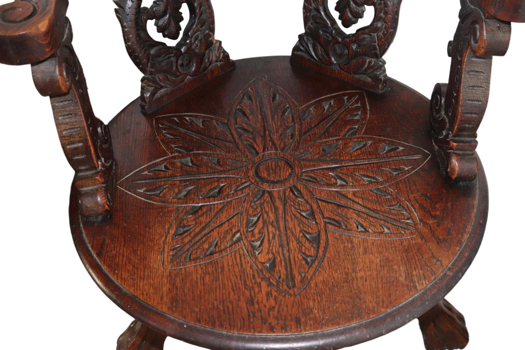 Antique Victorian Carved Oak Green Man Captians Swivel Office Chair