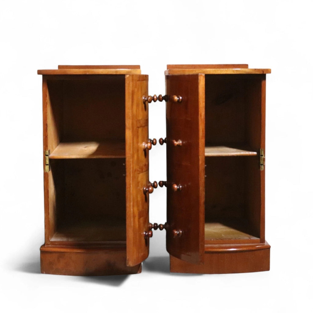 Pair of Vintage Victorian Style Walnut Bow Front Bedside Cupboards / Cabinets