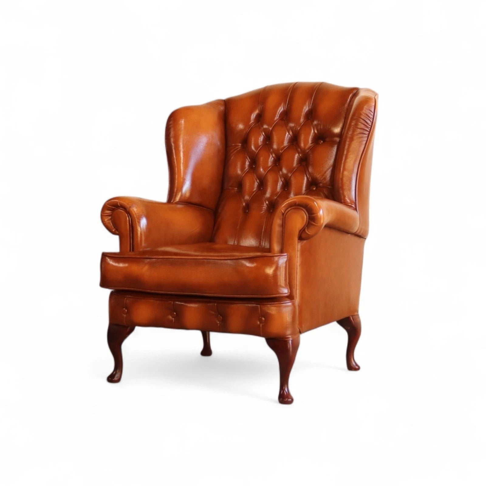Vintage Chesterfield Tan Leather Wing Back Armchair With Footstool