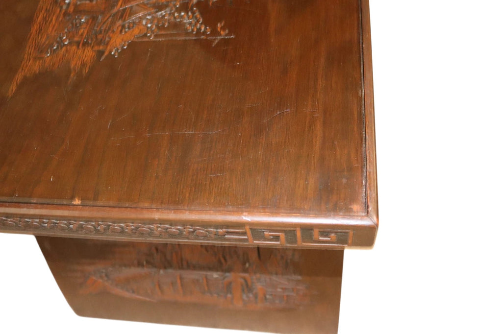 Vintage Chinoiserie Chinese Carved Wood Coffee Table - Glass Top