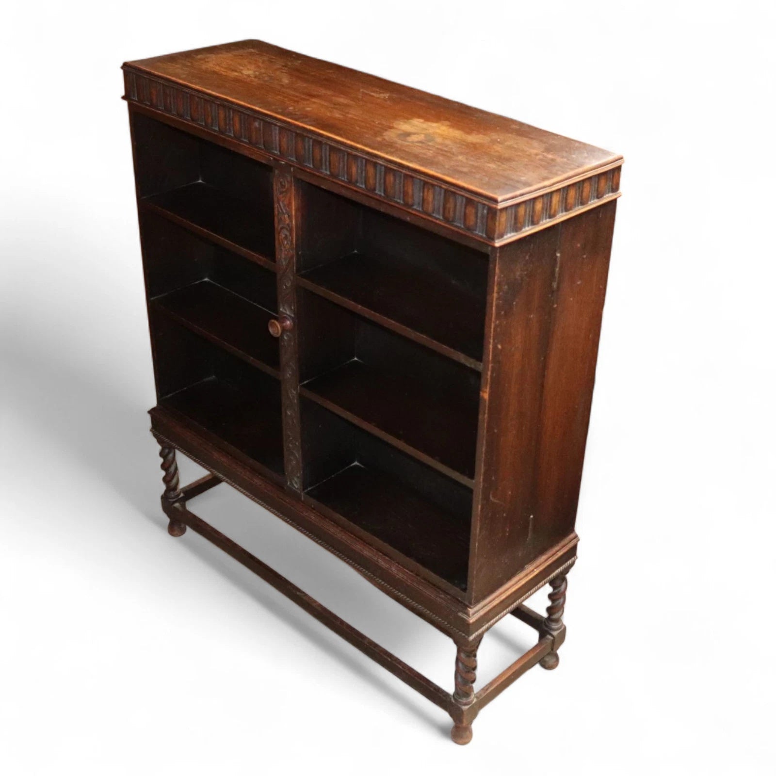 Antique Carolean Revival Oak Double Depth Bookcase Barley Twist Book Shelves