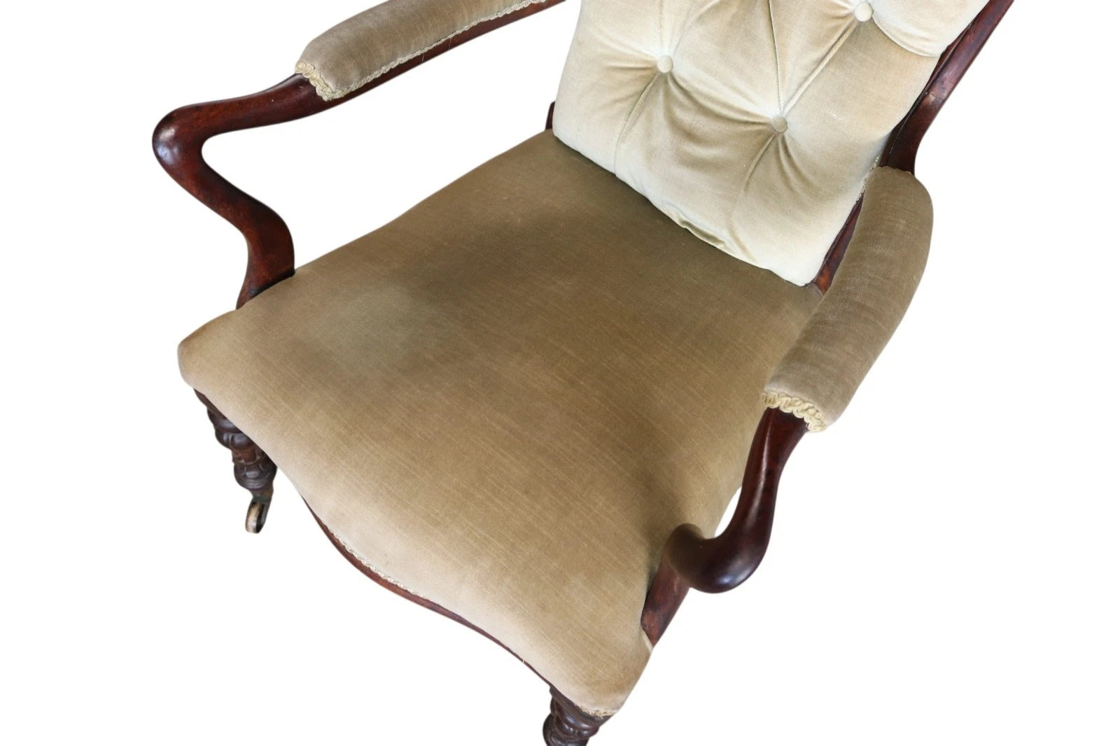 Antique Victorian Scroll Back Armchair  Mahogany Button Back Library Chair 19thC