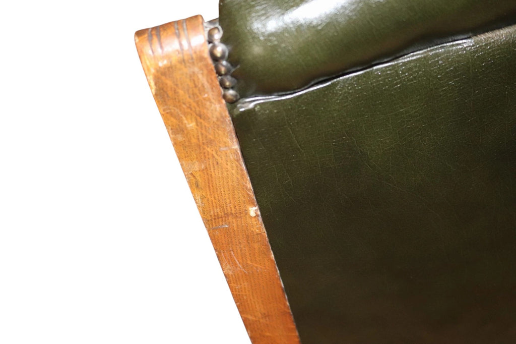 Antique Green Leather Buttoned Library Chair / Edwardian Oak Armchair