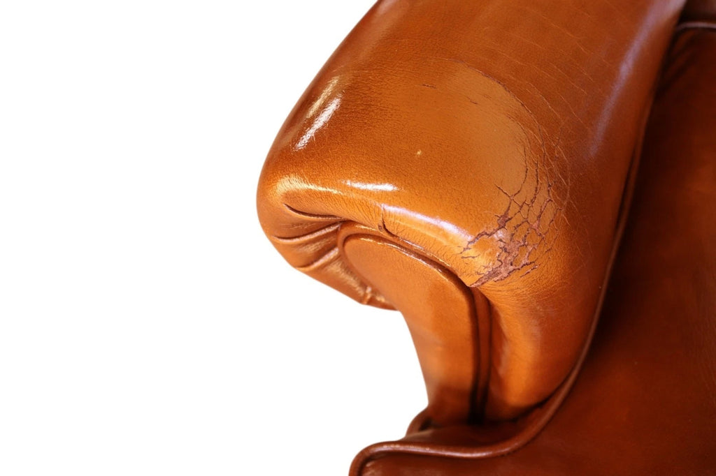 Vintage Chesterfield Tan Leather Wing Back Armchair With Footstool